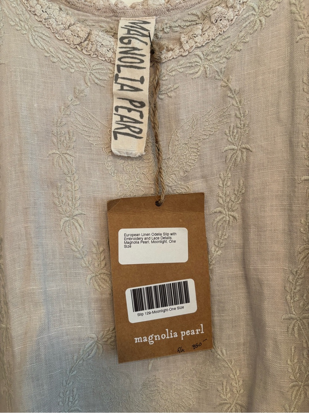 Magnolia Pearl Linen Midi Dress in Light Beige with Cream Embroidery - Picture 10 of 11